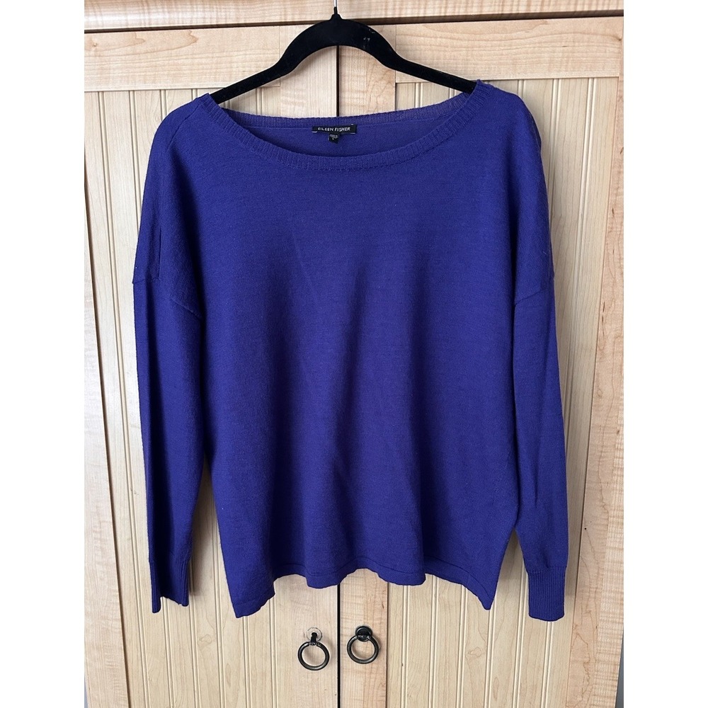 Eileen Fisher Sweater Womens Large Blue Purple Merino Wool Round Neck Pullover